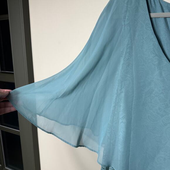 Ulla Popken Chiffon Overlay Stretch Lace V-Neck Occasion Dress SZ 32/34 Green - Picture 6 of 7